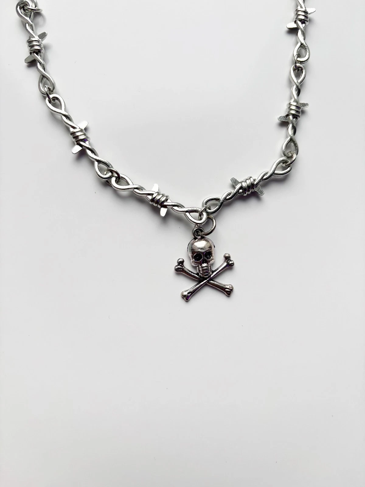 Barbed Wire Skull and Crossbones Necklace | Emo Goth Alt Tattoo Punk Rock Spooky