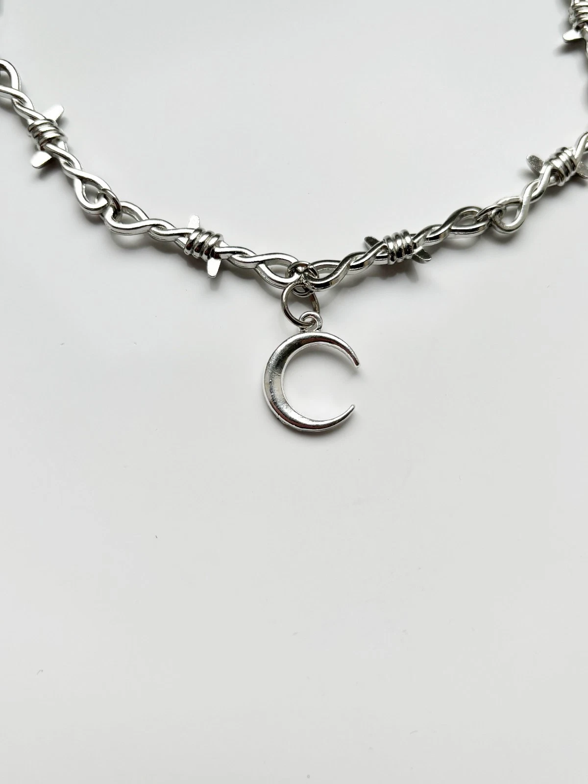 Barbed Wire Crescent Moon Necklace | Alt Emo Goth Tattoo Punk Rock