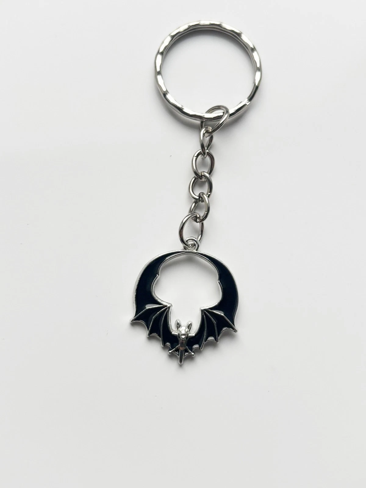 Silver Circle Bat Keyring / Keychain - Alt Goth Rock Punk Metal Tattoo