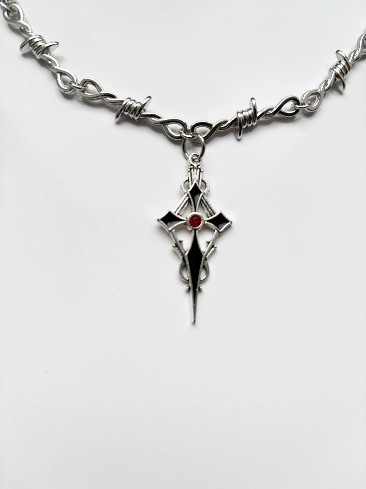 Share Barbed Wire Black Cross Necklace | Alt Emo Goth Tattoo Punk Rock