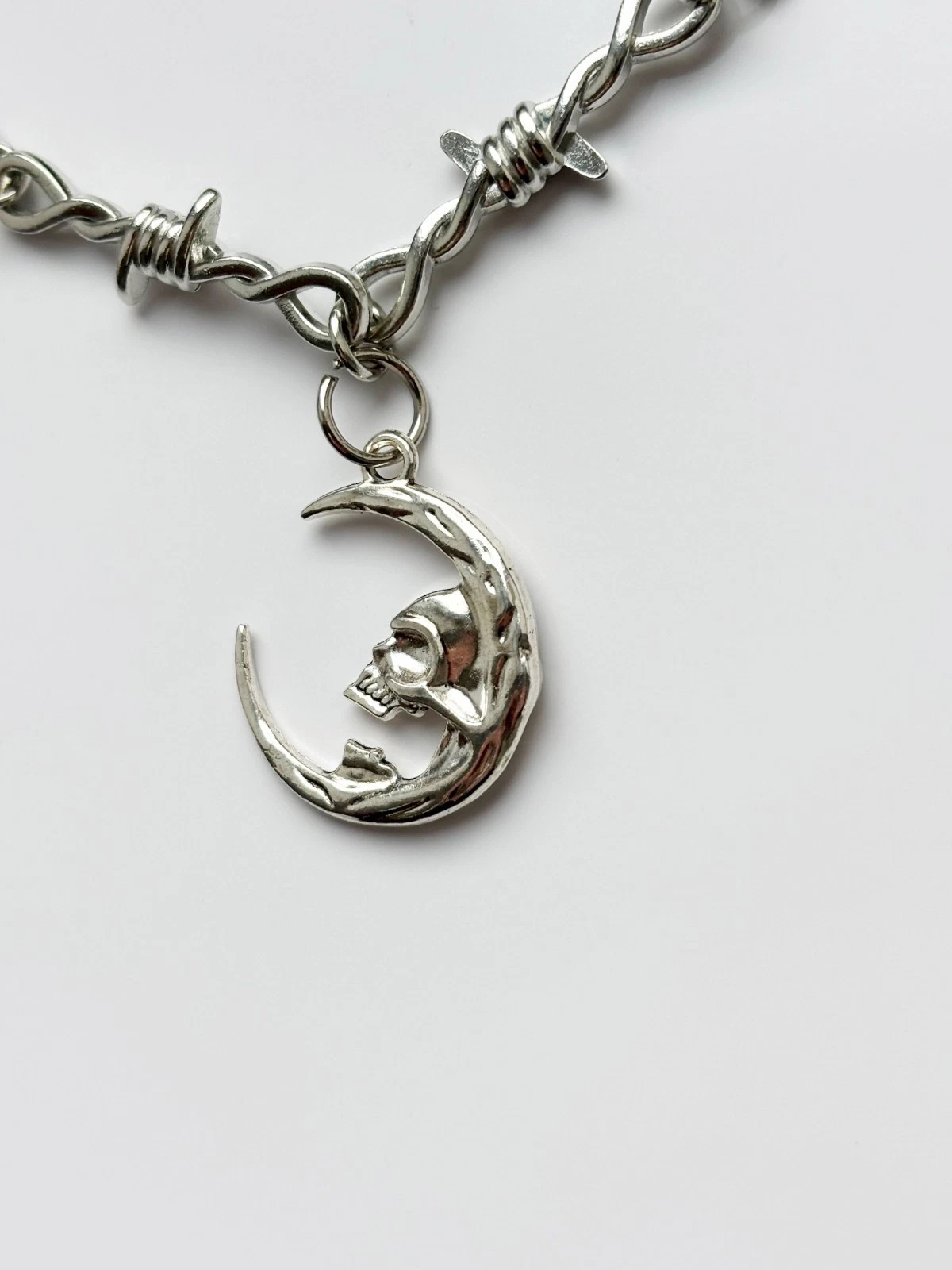 Barbed Wire Skull Moon Necklace | Goth Emo Alt Punk Metal Rock