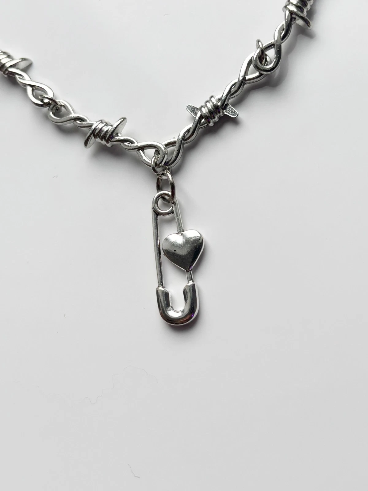 Barbed Wire Heart Safety Pin Necklace | Emo Goth Alt Tattoo Punk Rock Spooky