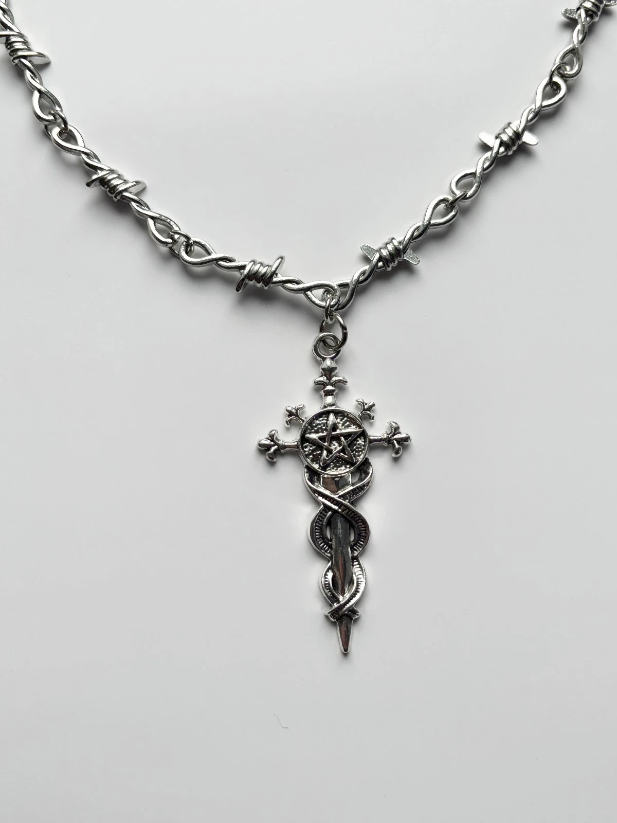 Barbed Wire Snake Cross Necklace | Emo Goth Alt Tattoo Punk Rock Spooky