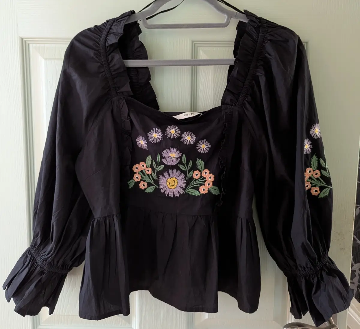 Black embroidered, milk maid top, Summer, Witchy, Soft Goth, by George, size 12 NWT, by George,