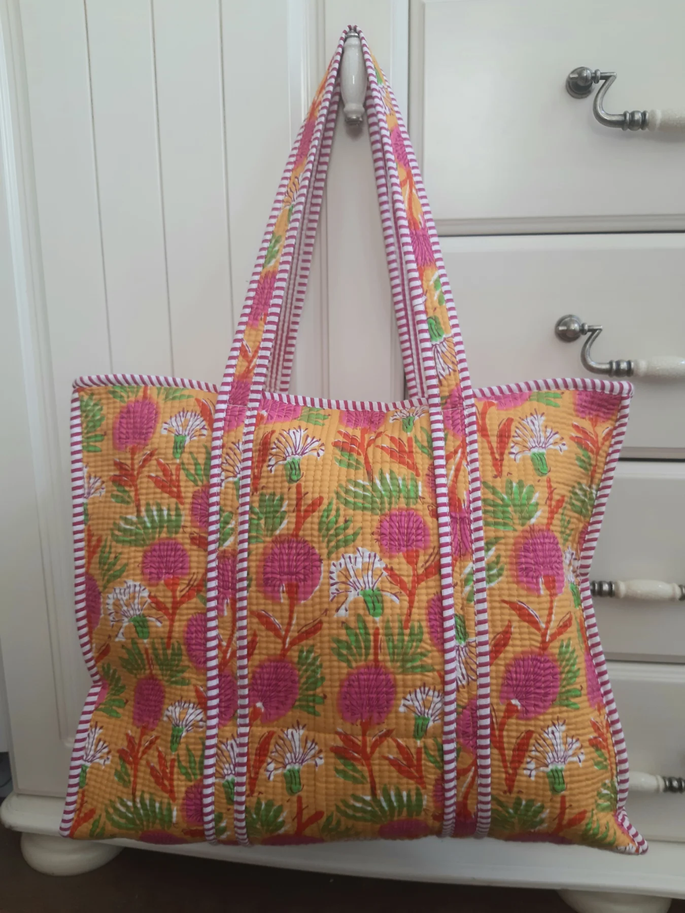 Spacious Quilted Tote / weekend/ shopping/ picnic bag in summer floral print
