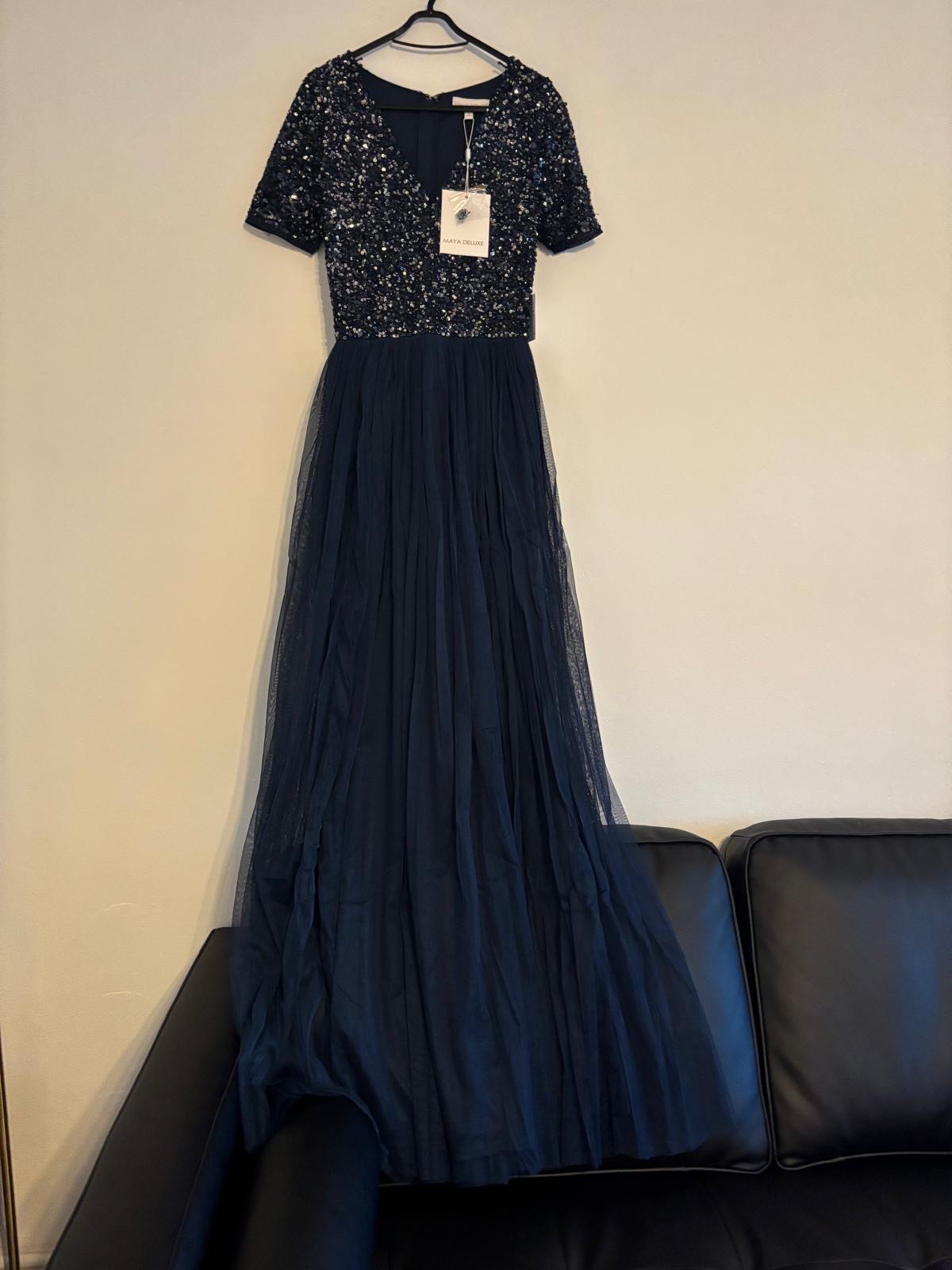Maya Bridesmaid Dress Short Sleeve, Sequins, Maxi Tulle, Taupe Navy, Size 6