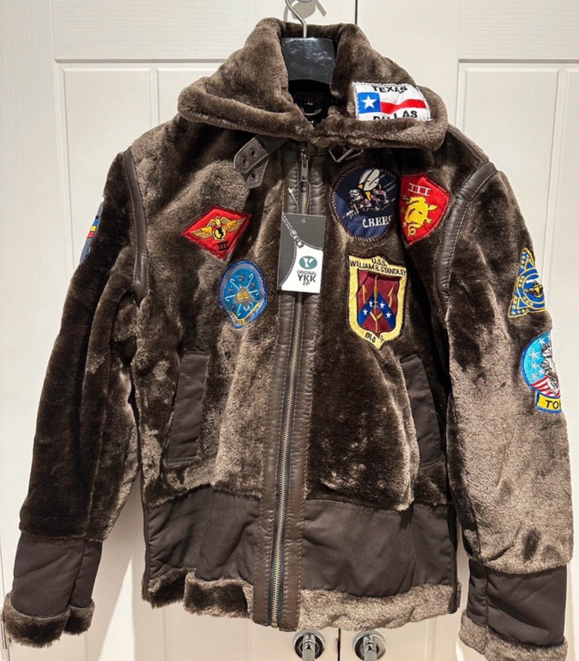 Top Gun Style Multi-Patch Faux Fur Aviator / Flight Jacket