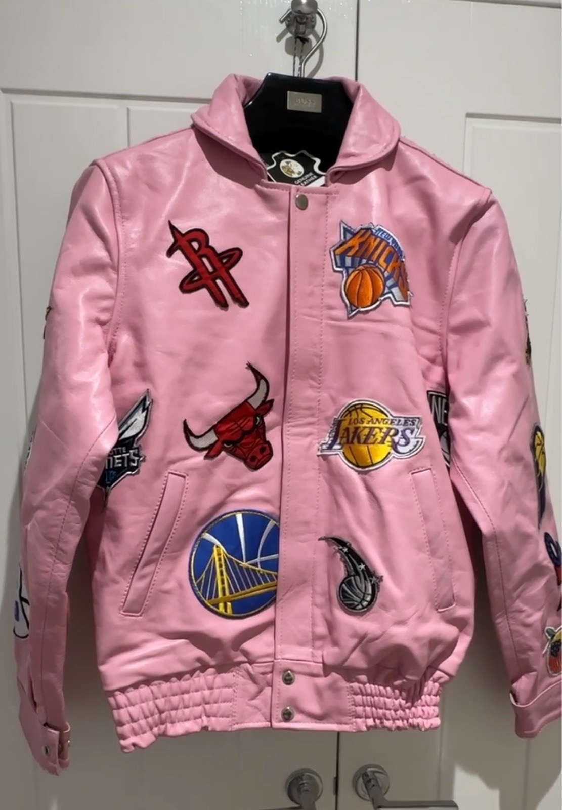 Statement Vintage Pink Leather NBA Patch Varsity Jacket