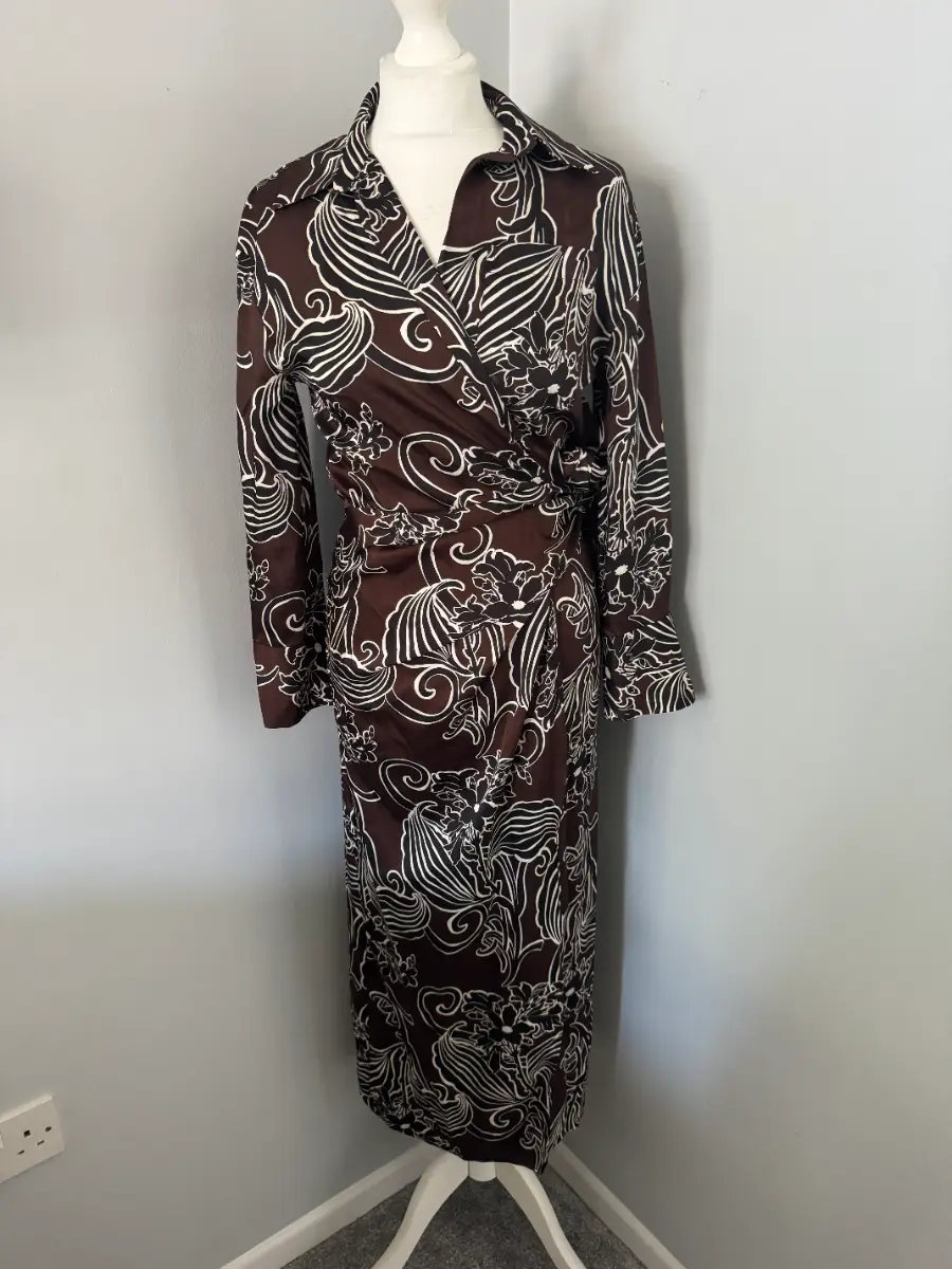 Zara Wrap Maxi Dress XS Brown Floral Long Sleeve Collared V Neck Tie Waist (B7)