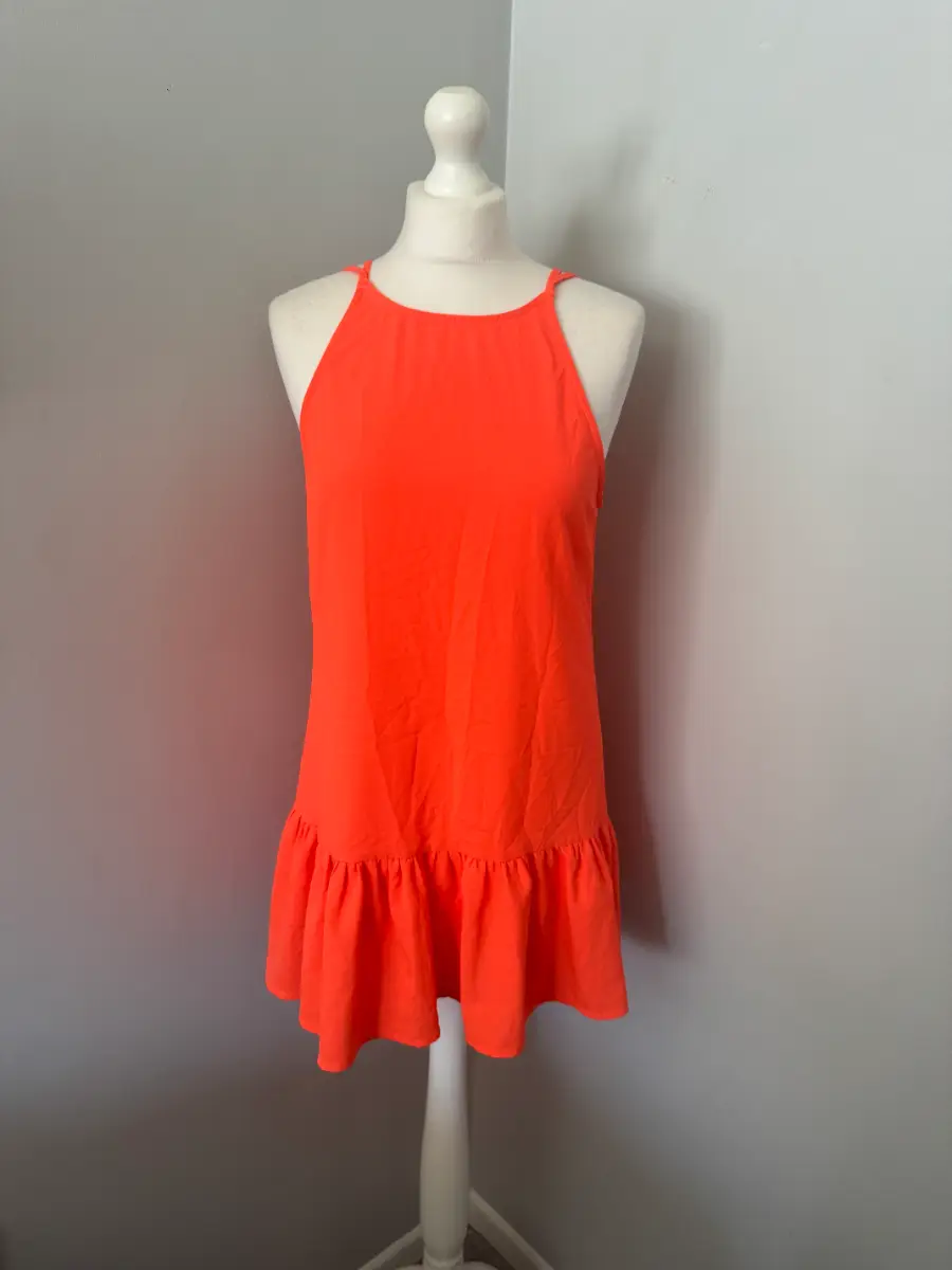 Glamorous Neon Coral Mini Swing Dress Size S Cross Back Frill Hem (B7)