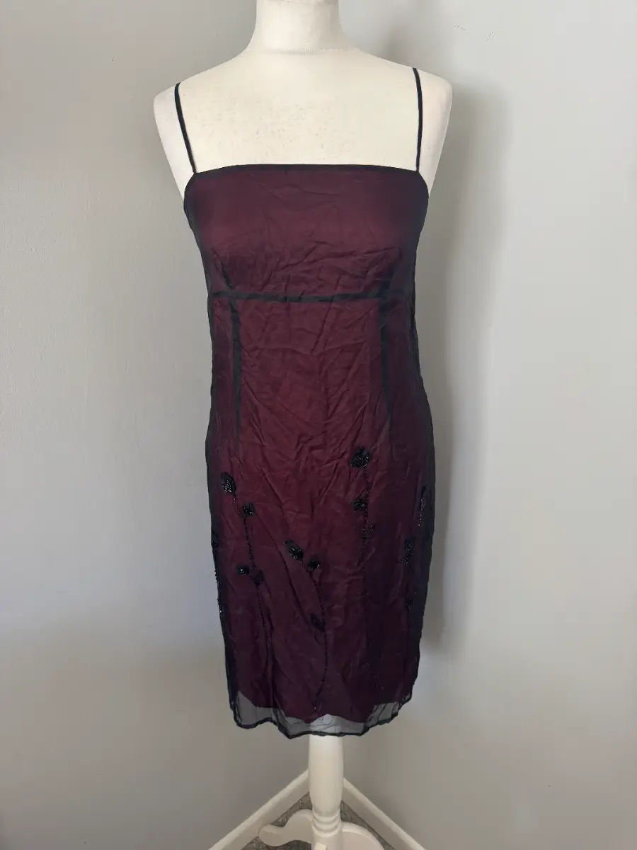 Debut Debenhams Burgundy Black Beaded Slip Dress UK 12 Sheer Overlay Party (B8)