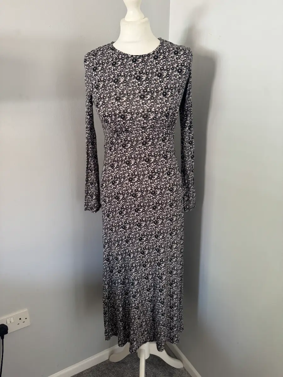 New Look Black & Light Pink Floral Bodycon Midi Dress UK 10 Long Sleeve (B7)