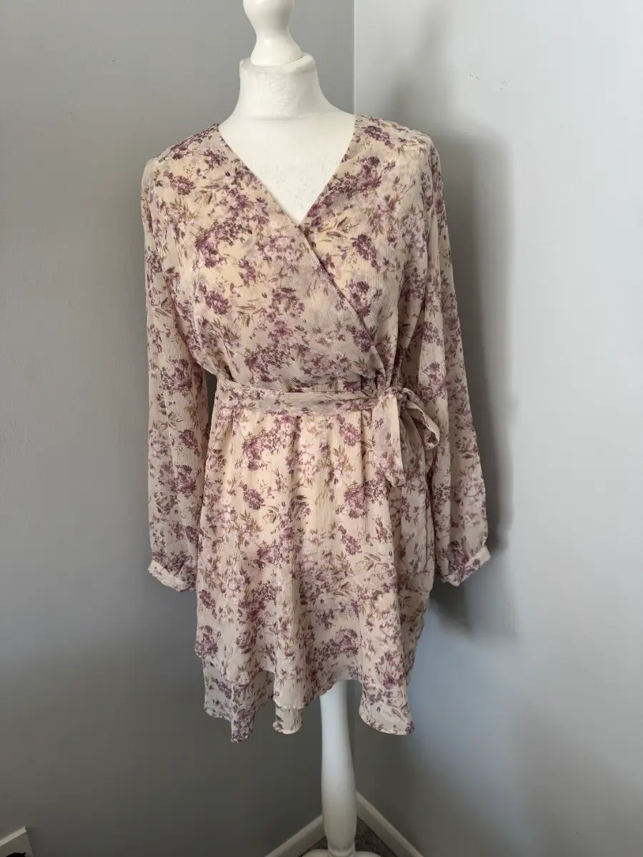 Habi,unni Floral Wrap Dress Medium Beige Purple Long Sleeve Tie Waist Boho (B8)