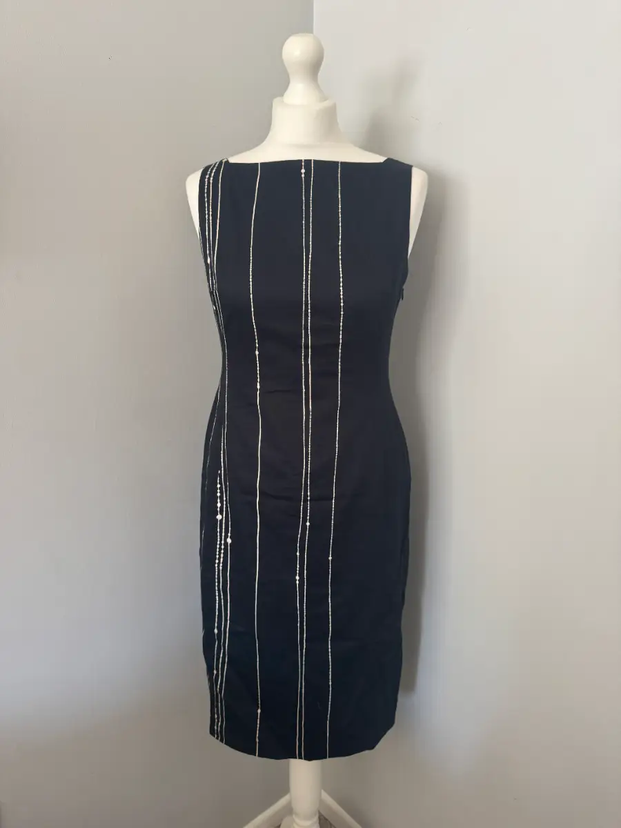Jaeger Black Knee Length Sheath Dress White Stripe Print Lined UK Size 10 (B7)