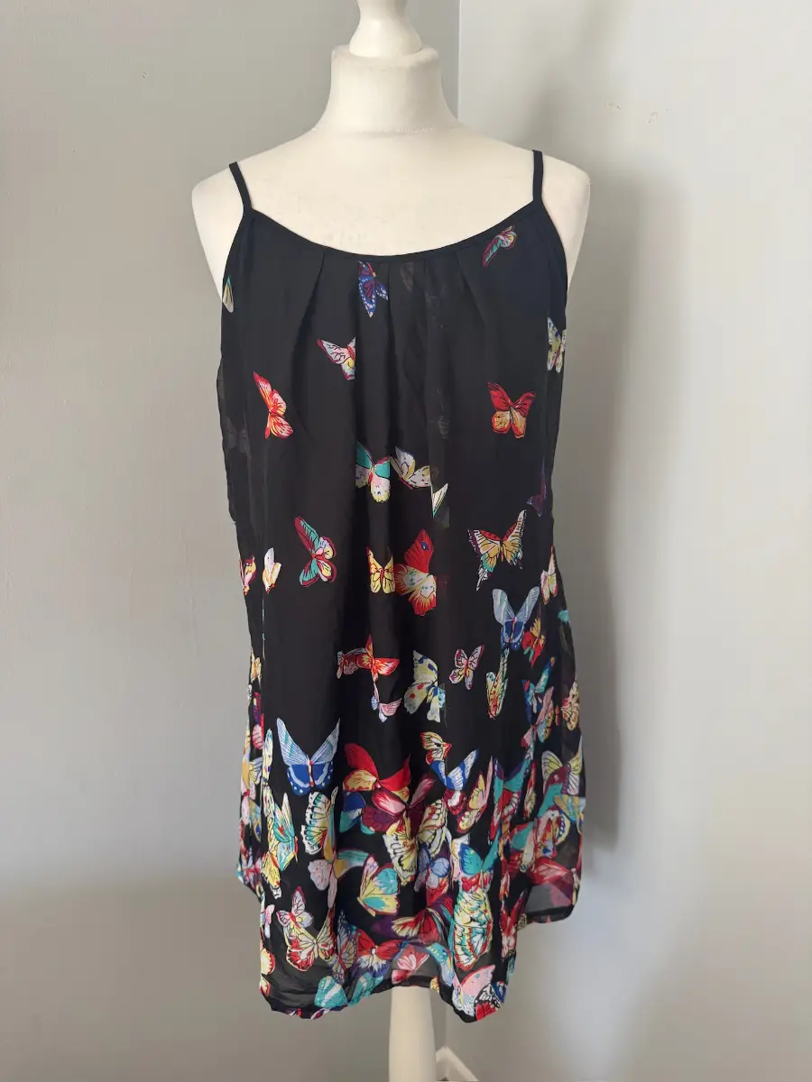 Wajat Butterfly Swing Dress Medium Black Sleeveless Scoop Neck Lined Floaty (B7)