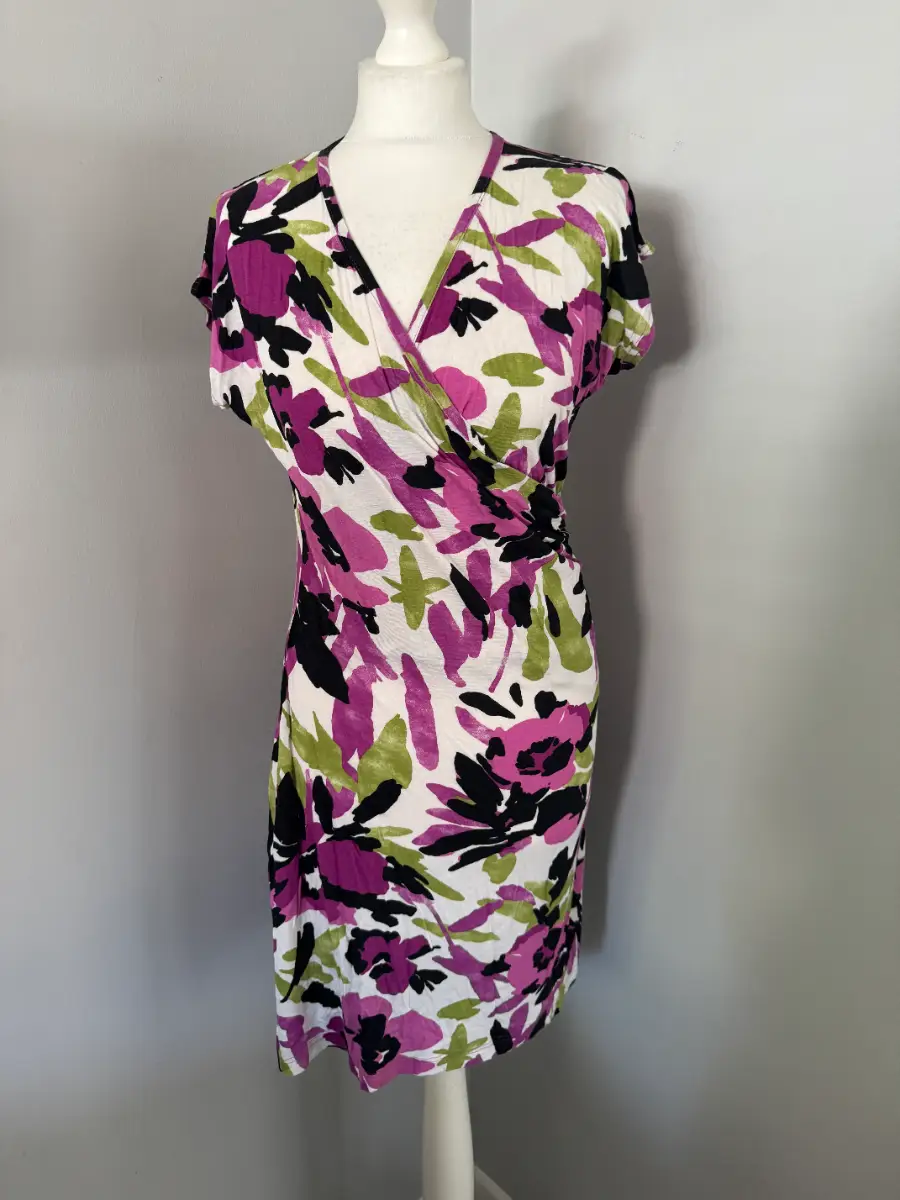 Reflections Floral Wrap Dress UK 12 Pink/Green/Black Above Knee (B7)
