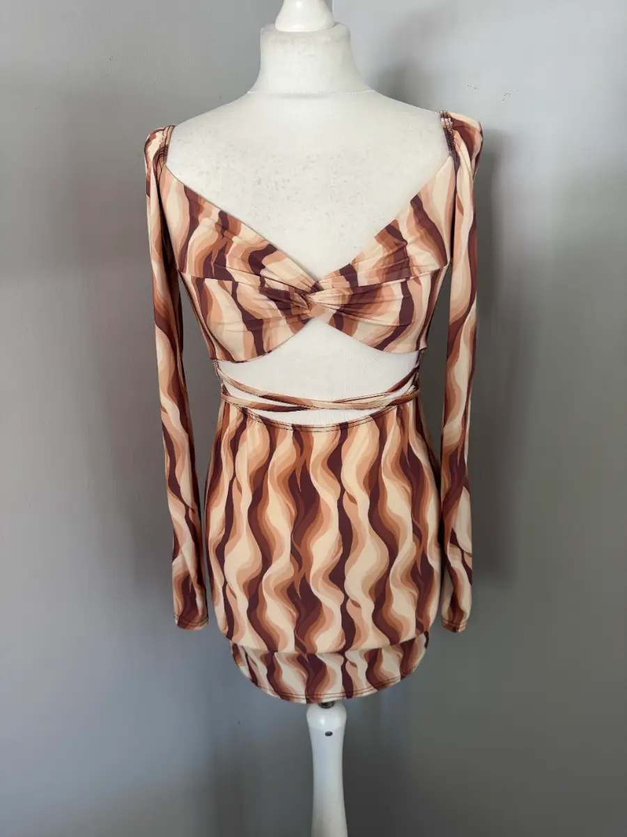 I Saw It First Brown Abstract Cut Out Bodycon Mini Dress UK 12 Sweetheart (B7)