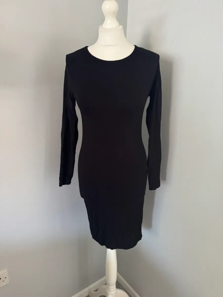 ASOS Black Bodycon Dress UK 10 Knee Length Long Sleeve Stretch Basic (B7)