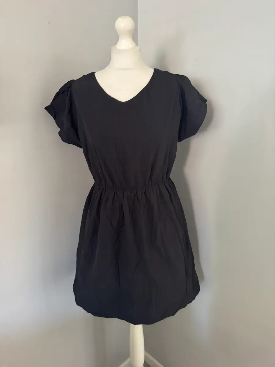 MNLB Black Puff Sleeve Midi Dress Elasticated Waist Lined Size Medium M (B7)