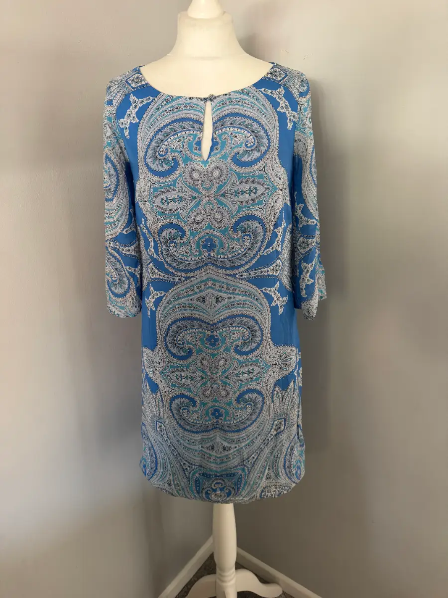 Monsoon Blue Paisley Shift Dress UK 10 Knee Length Lined 3/4 Sleeve (B7)