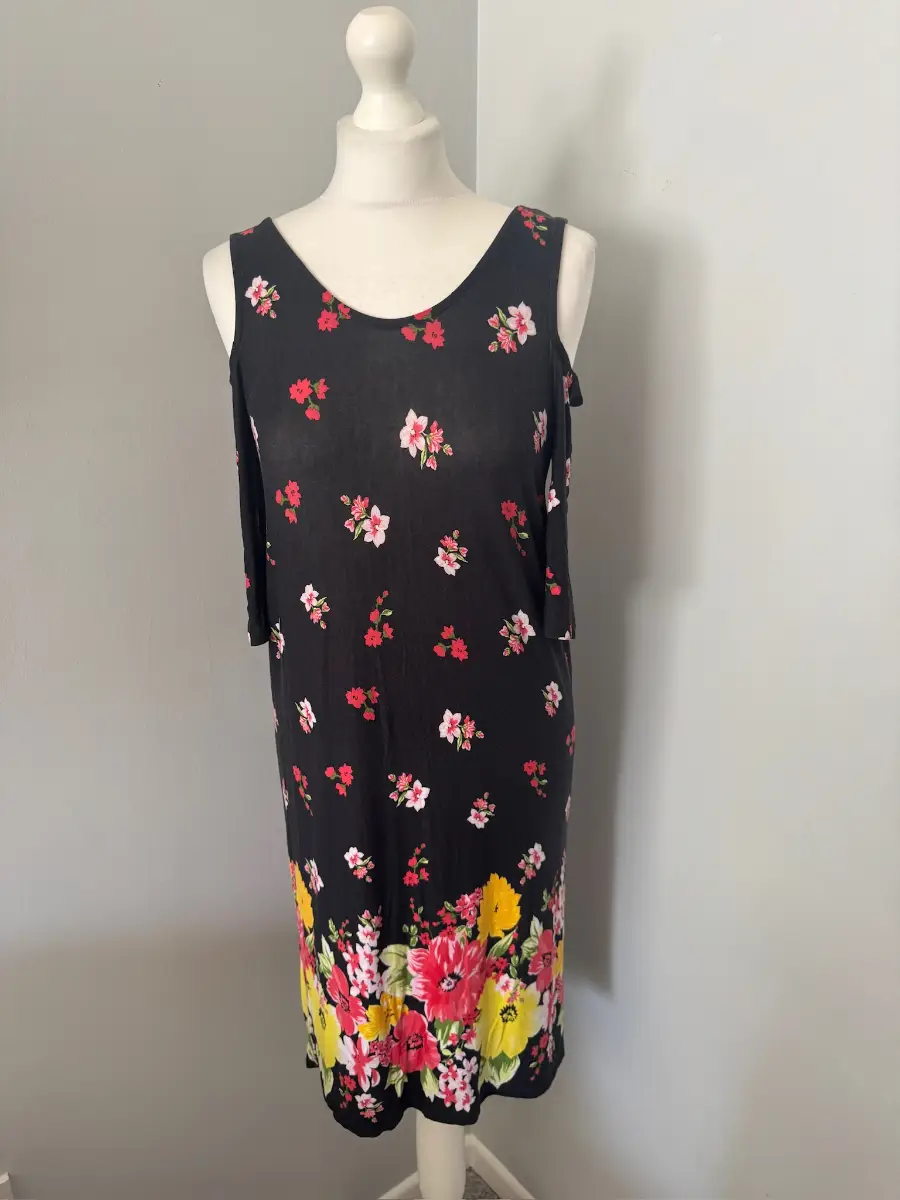 George Floral Shift Dress UK 10 Black Cold Shoulder Round Neck Knee Length (B7)