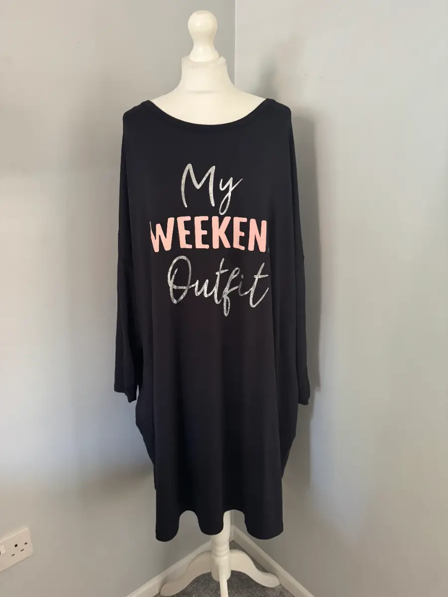 Peacocks My Weekend Outfit Oversized Lounge Top One Size Black Slogan (B7)