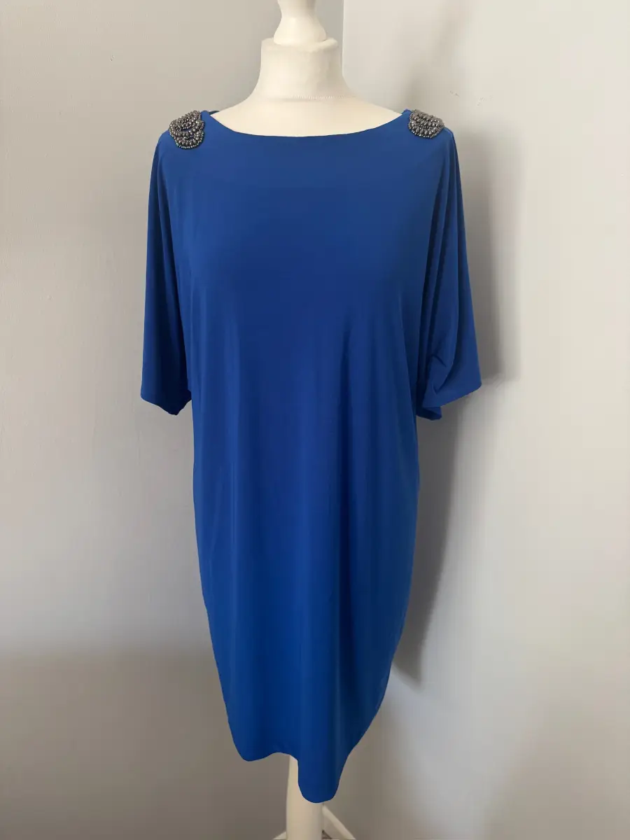 Scarlett Nite Blue Shift Dress UK 10 Cold Shoulder Wide Round Neck Beaded (B7)