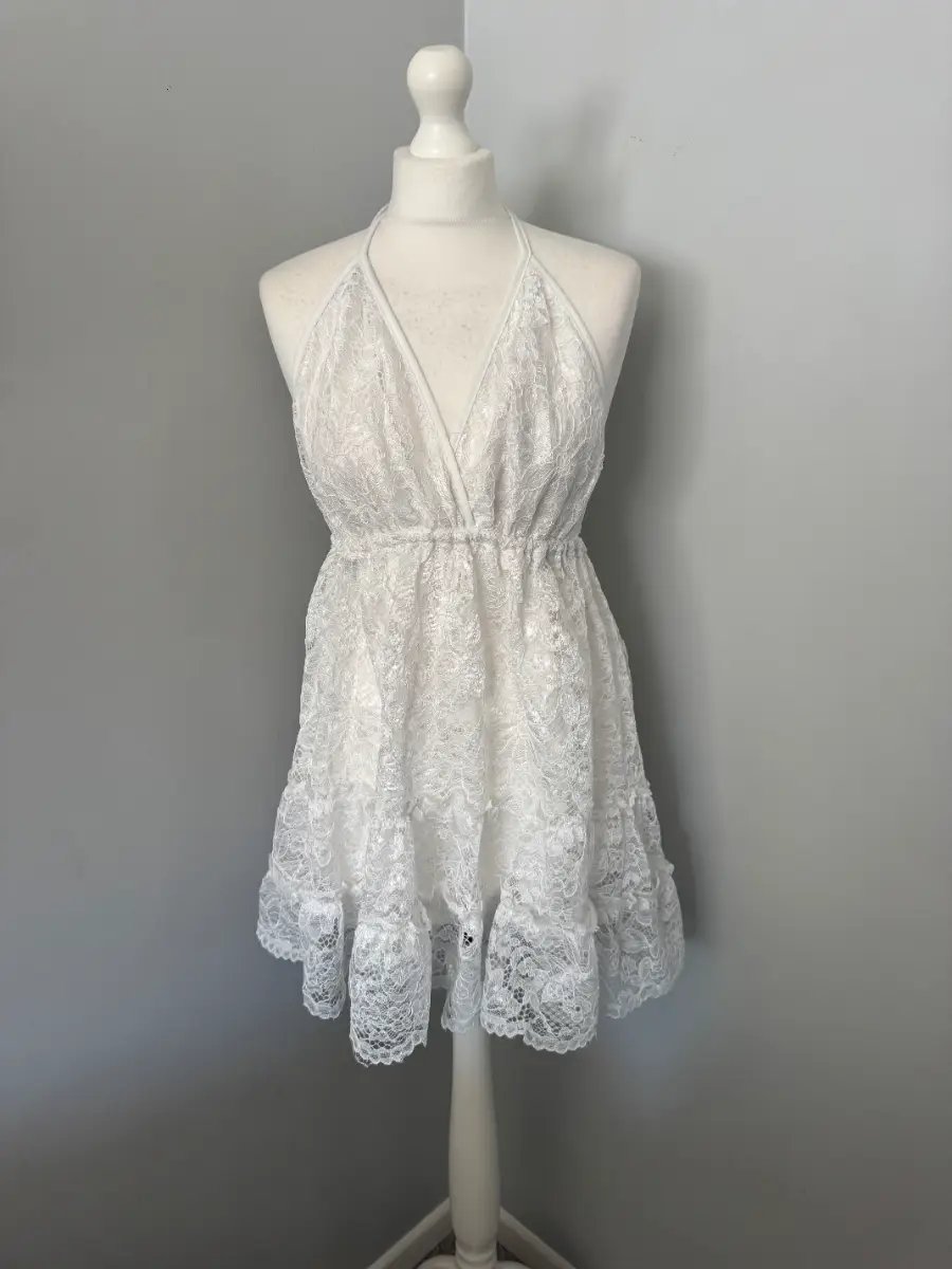 White Lace Halterneck Mini Dress Open Back One Size Boho Festival Summer (B7)
