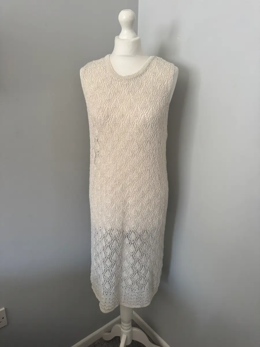 Cream Crochet Knit Shift Midi Dress Sleeveless M/L (B7)