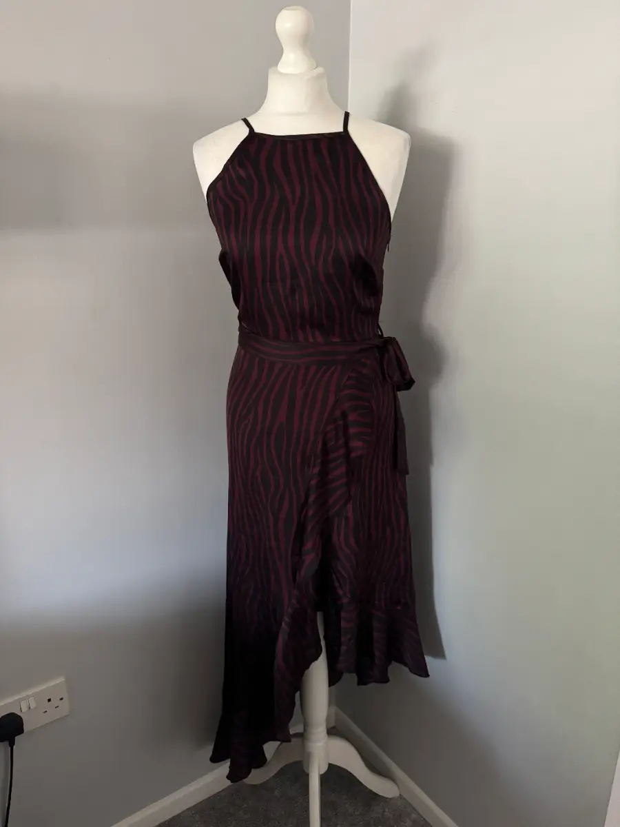 New Look Burgundy Zebra Print Wrap Midi Dress BNWT Size 8 High Neck (B7)
