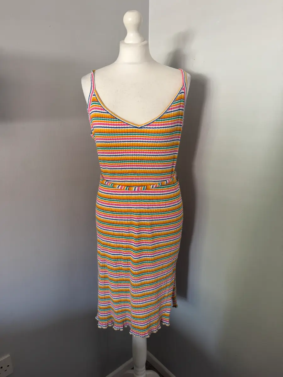 TU Woman Rainbow Stripe Ribbed Midi Dress UK 14 V Neck Belted Stretchy (B7)