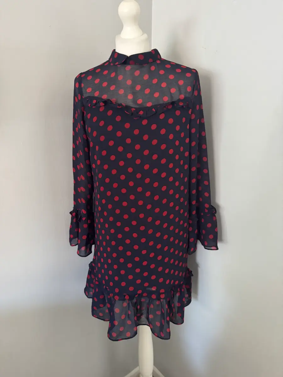 Dahrling Navy Red Polka Dot Shift Dress Size S Long Sleeve Ruffle Mini (B8)