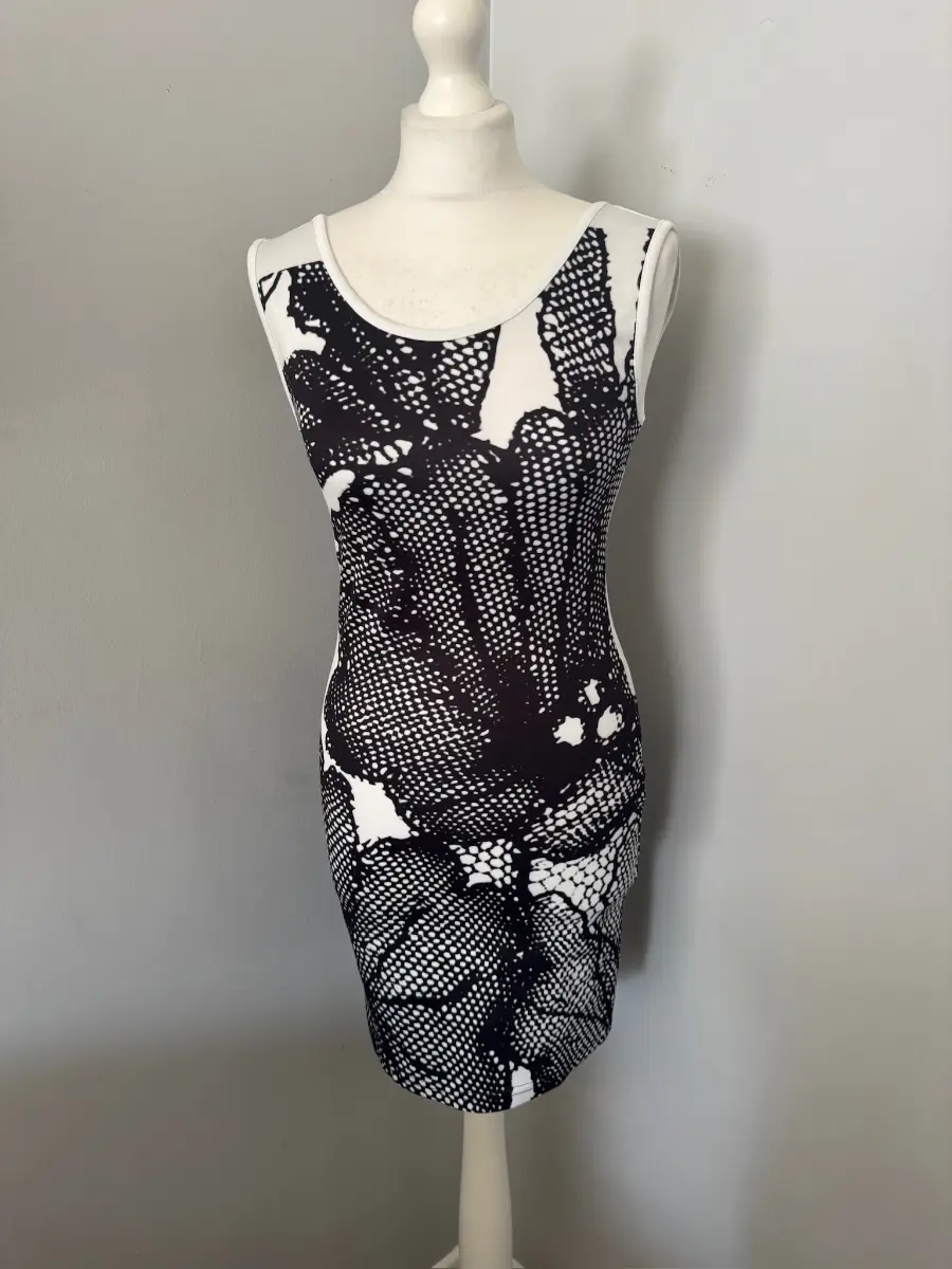 Angeleye London Bodycon Dress UK 8 Black White Print Knee Length Stretch (B7)