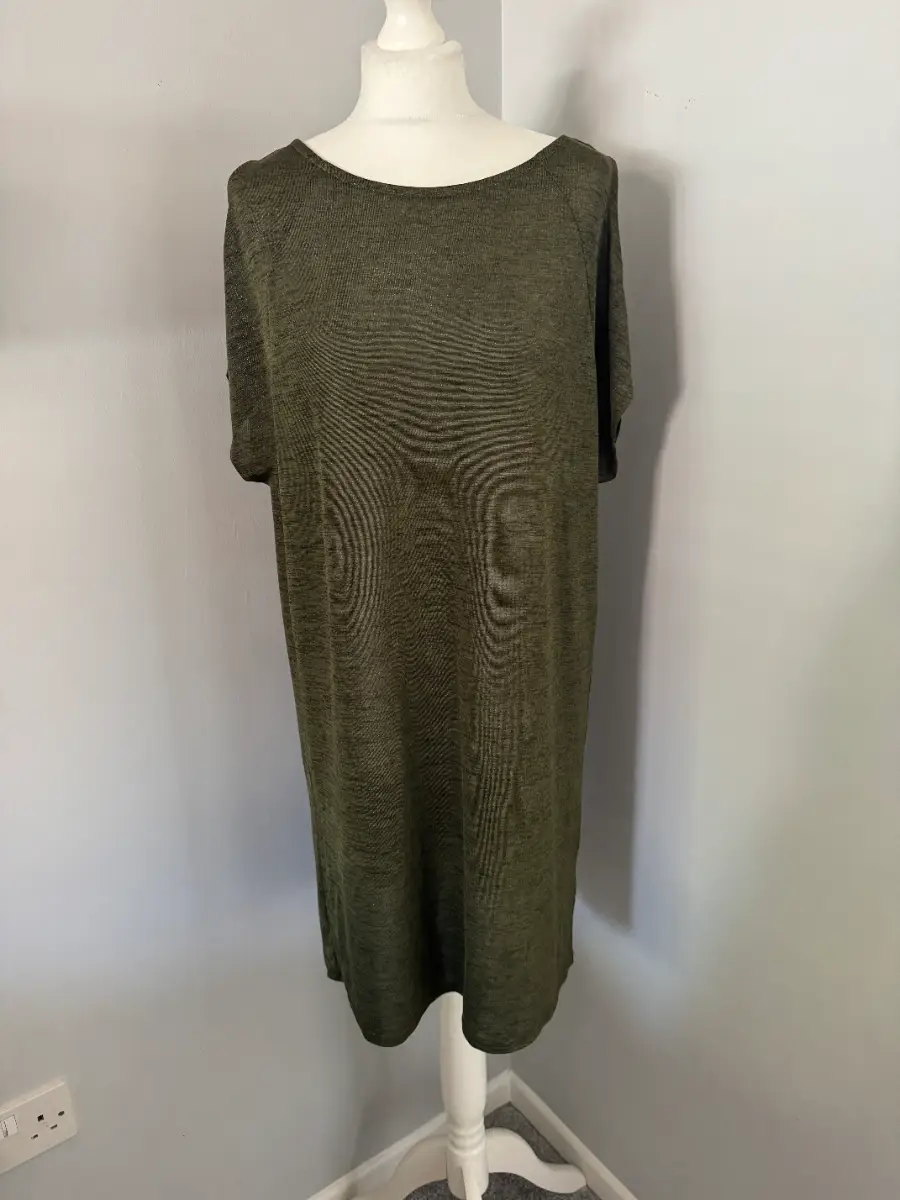 Next Khaki Green Cold Shoulder Shift Dress Size 14 Knee Length Boat Neck (B7)