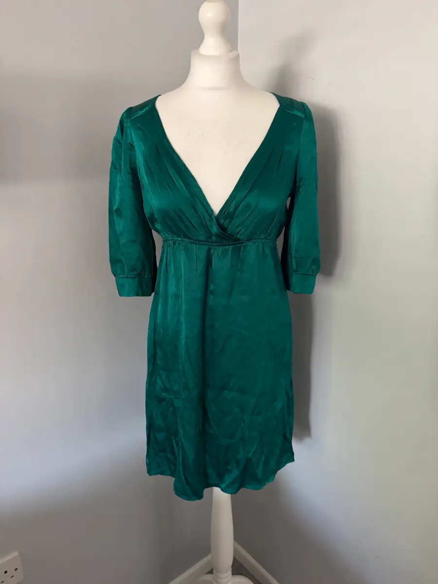 Warehouse Emerald Green Satin Wrap Dress Size 12 Knee Length V Neck (B7)