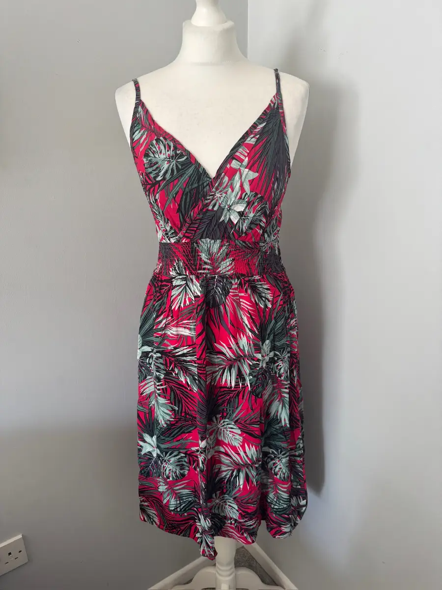 Tropical Leaf Print Sundress Large Pink Green Wrap V Neck Midi Dress (B8)