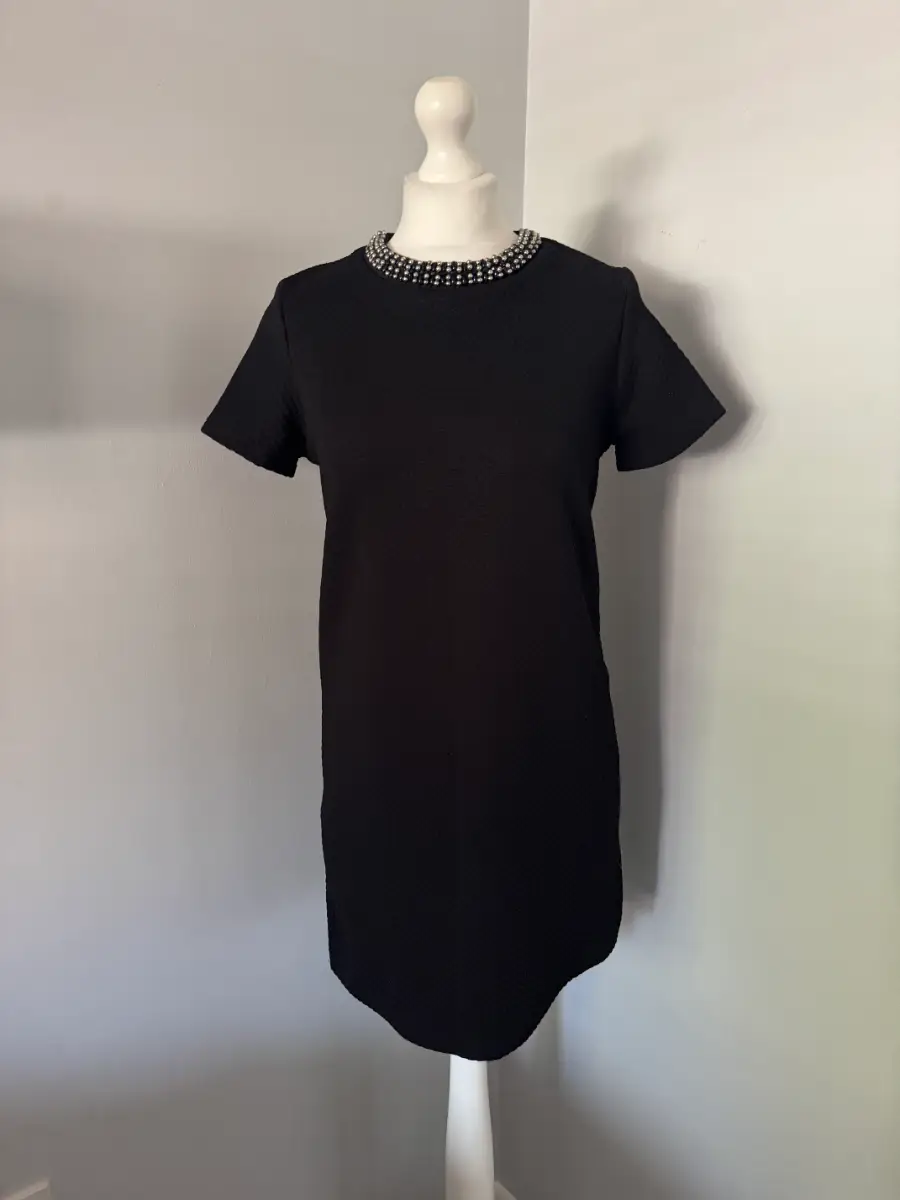 George Black Shift Dress UK 12 Beaded Neck Textured Short Sleeve Knee Length (B7)