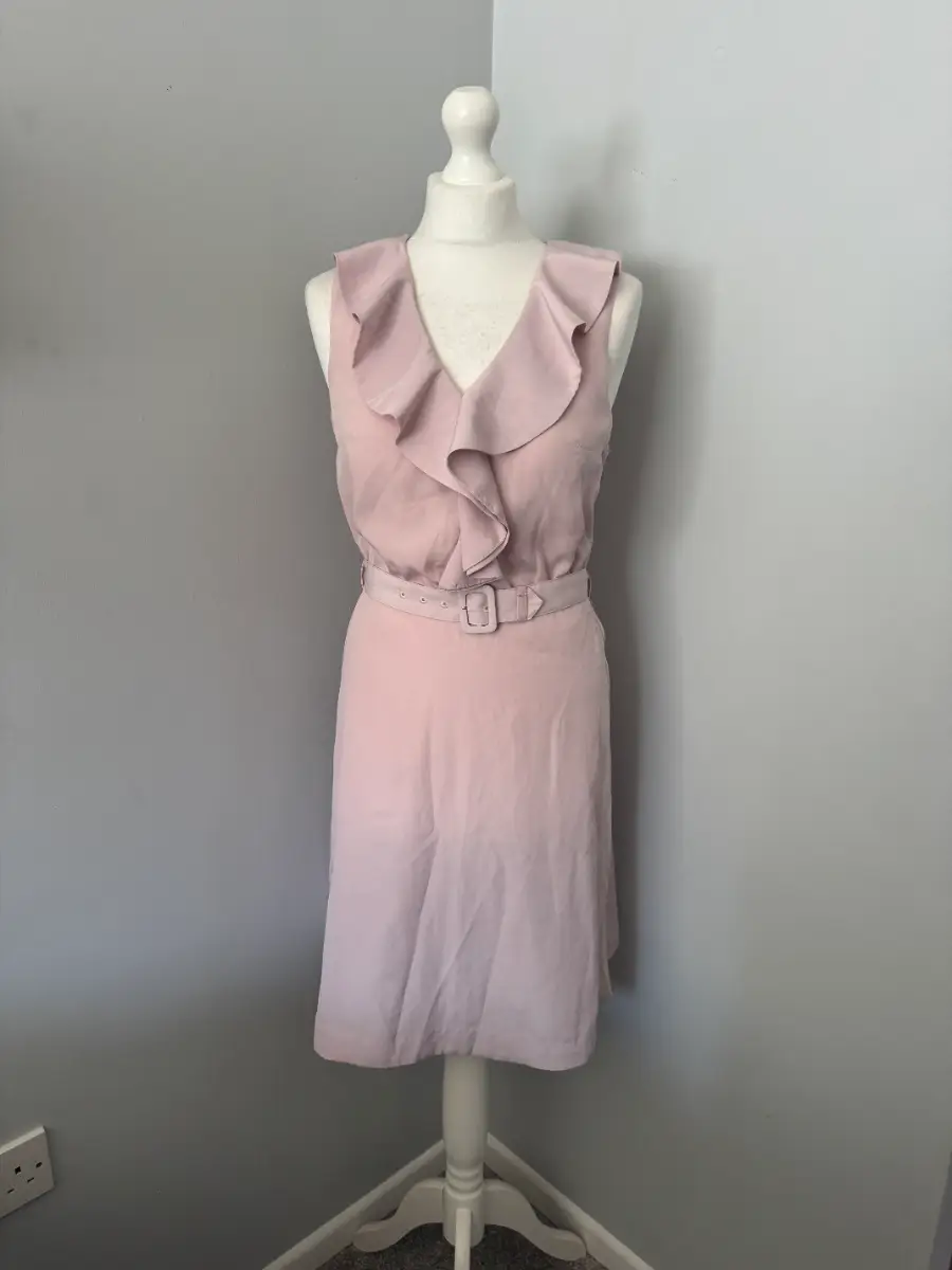H&M Blush Pink Ruffle Midi Dress UK 8 EUR 36 Belted Sleeveless Size 6 (B7)