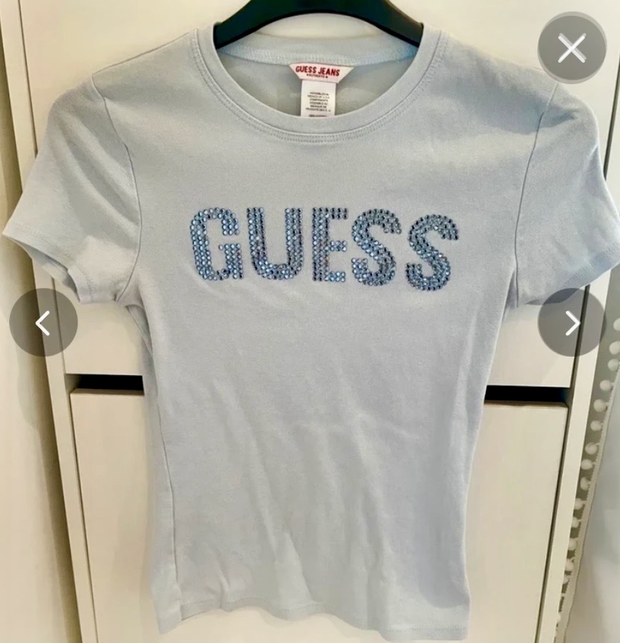 Vintage Guess Jeans Baby Blue Tshirt with Diamanté Logo across chest - Y2K-Style - Size S