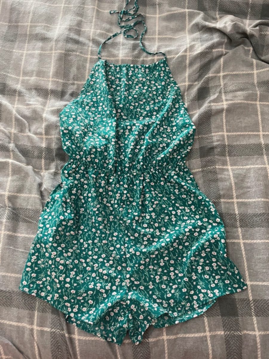 Ladies Green Floral Halter Neck Summer Playsuit - Shein Size Large