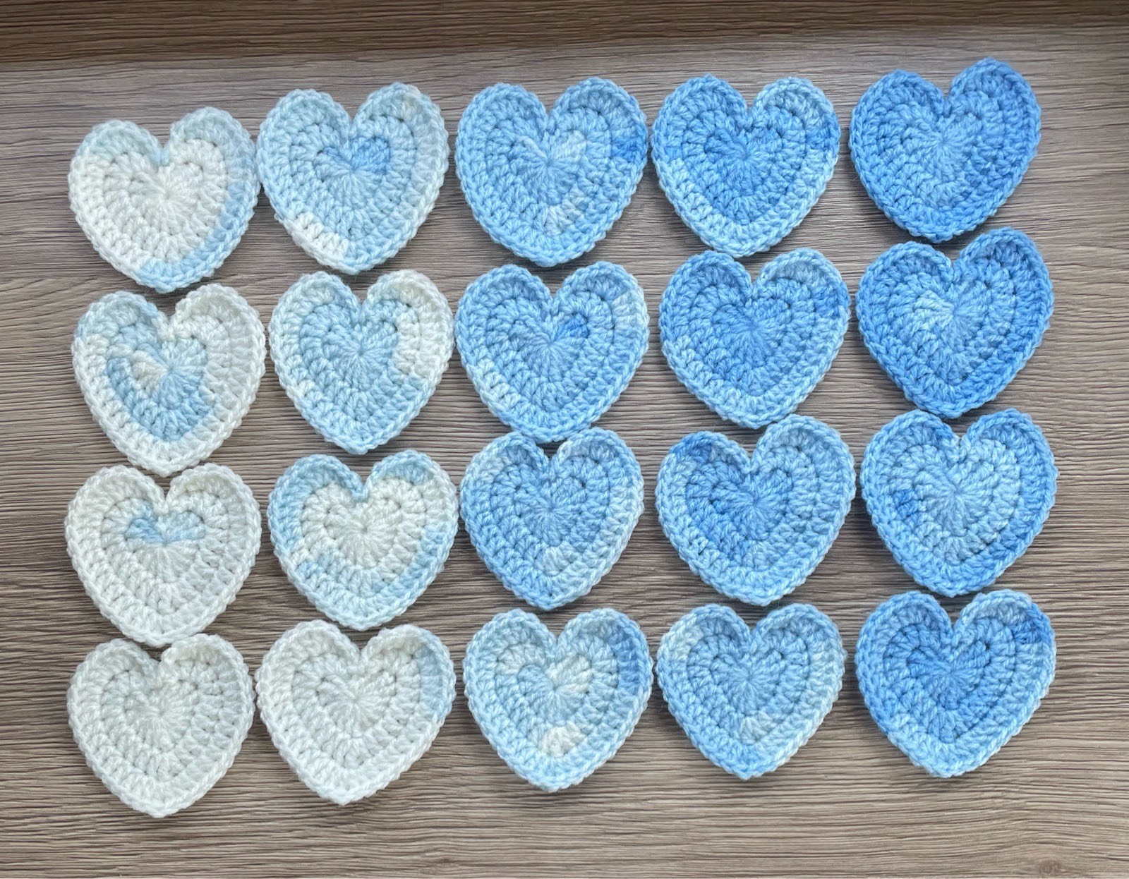 20 Beautiful Blue & Cream 6cm Crochet Hearts, Ideal as Favours, Gifts, Crafts & Projects