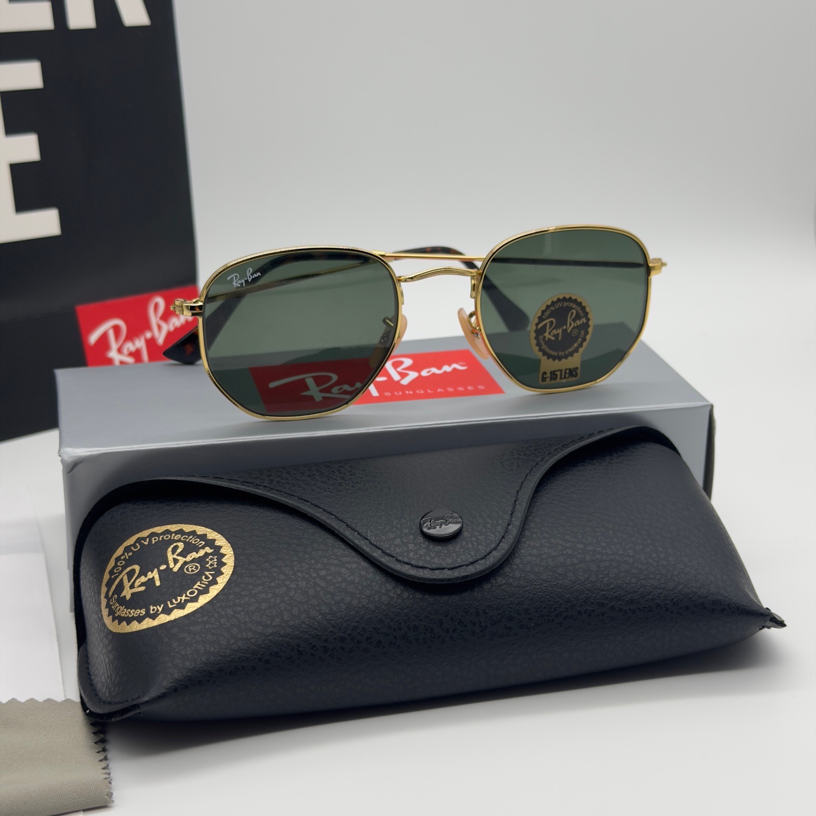 Ray-Ban Hexagonal Gold Frame Sunglasses with Green Classic G-15 Lenses