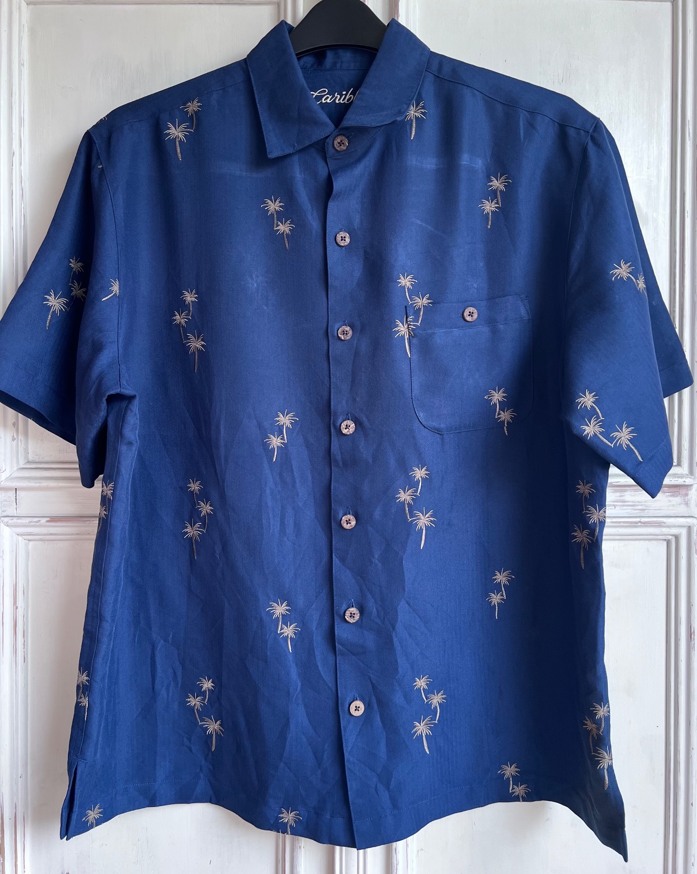 Caribbean - Mens Large Loose Fit Navy Blue Silk Look Palm Tree Hawaiian Shirt (Mint Condition)