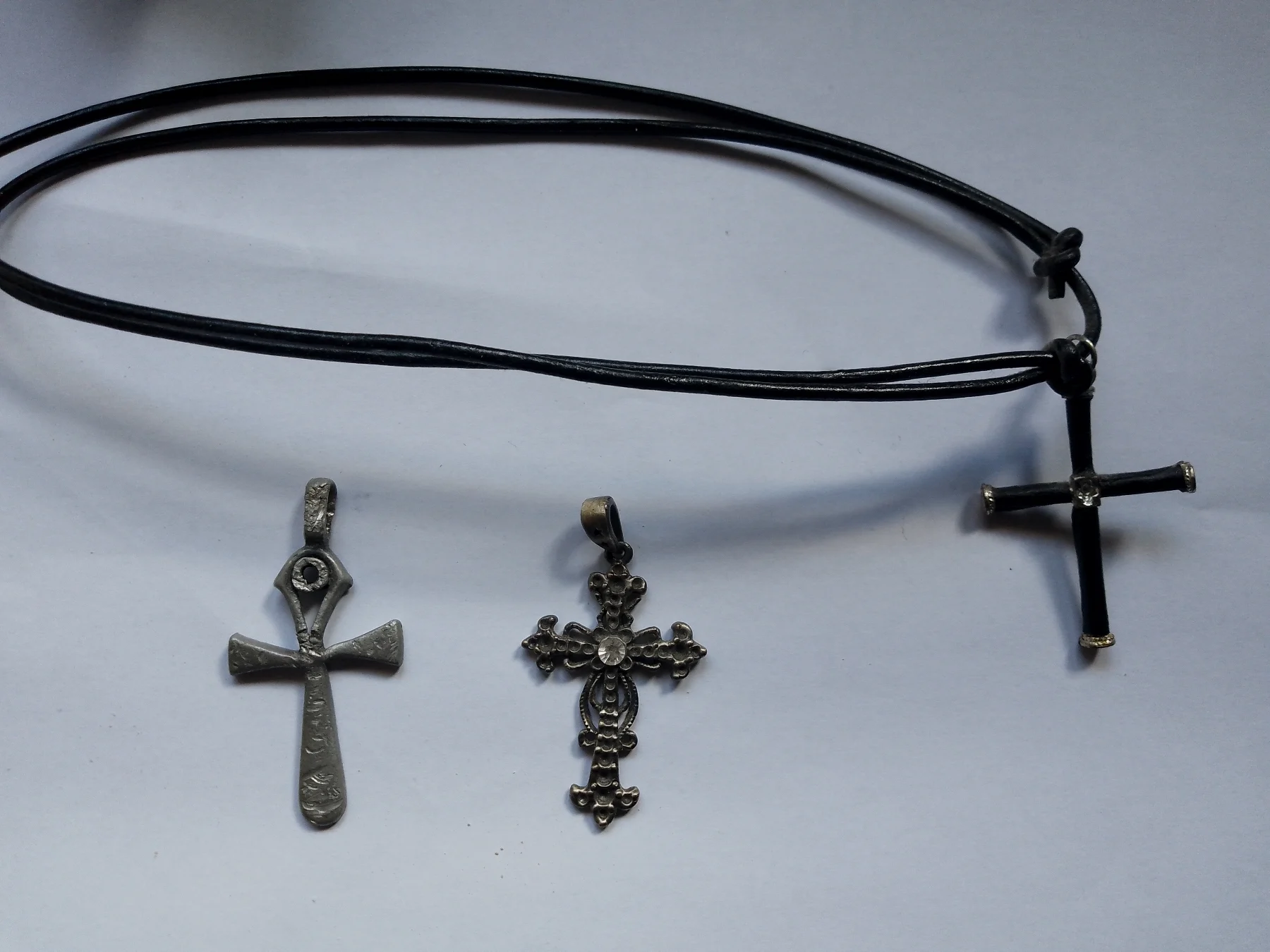 3 VINTAGE GOTH CROSSES - METAL - ON ON A CORD