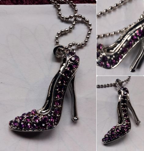 High Heel Pendant Silver colour with purple stones Vintage w/chain