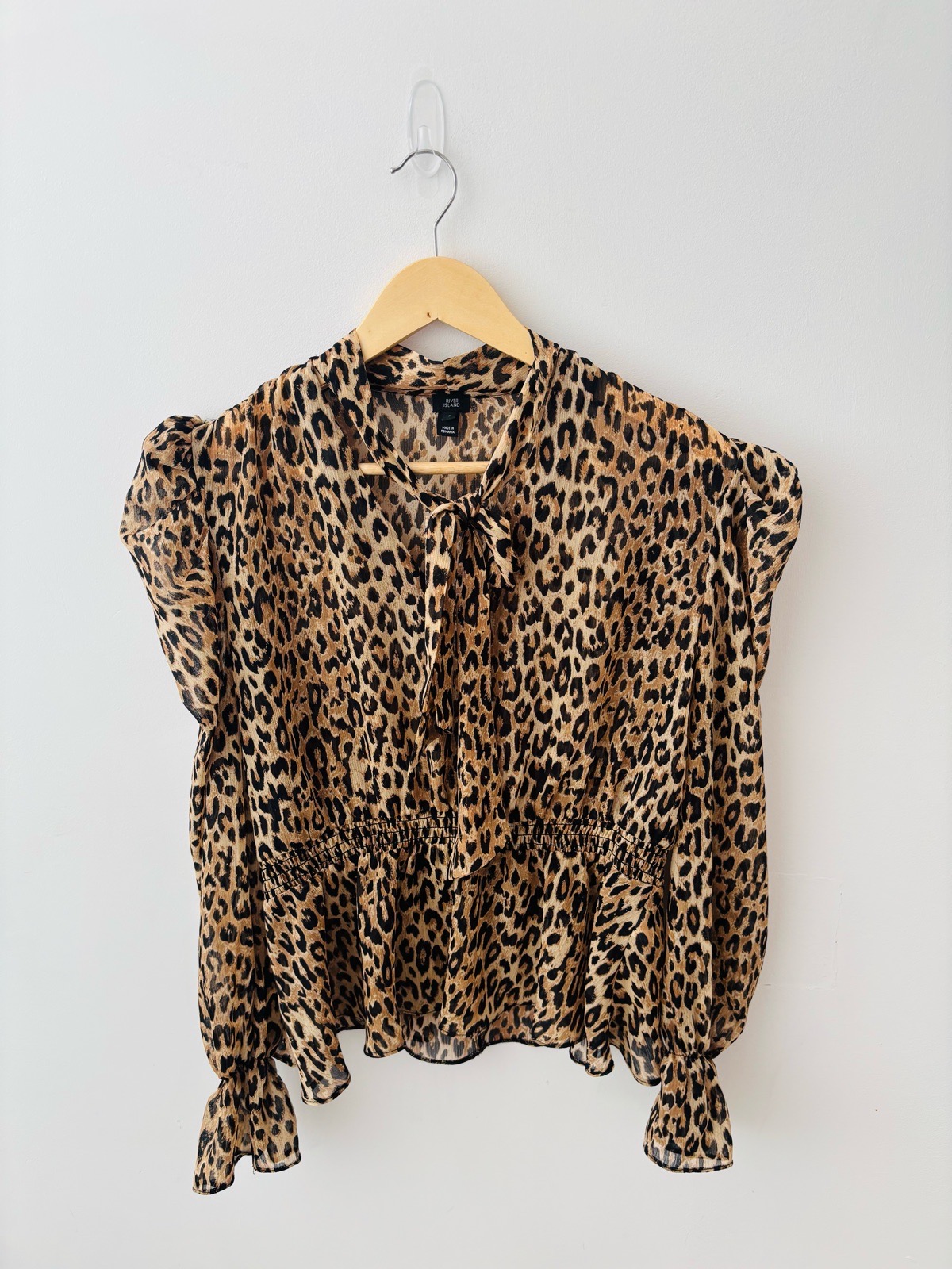 River Island tie neck leapord print peplum style frilly sheer blouse