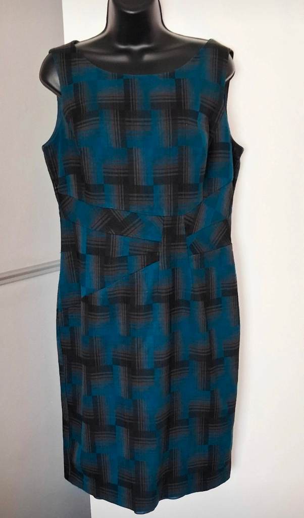 M&S Woman Blue & Black Plaid Sleeveless Shift Dress - Size 14