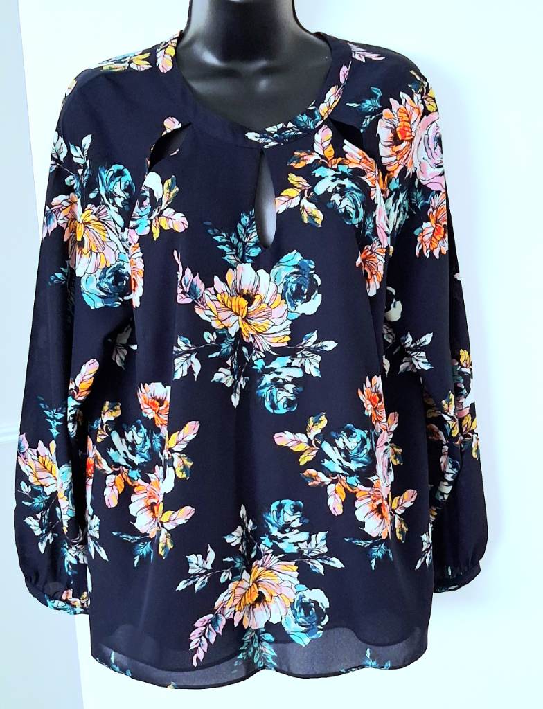 Soon Navy Floral Long Sleeve Blouse - Size 14