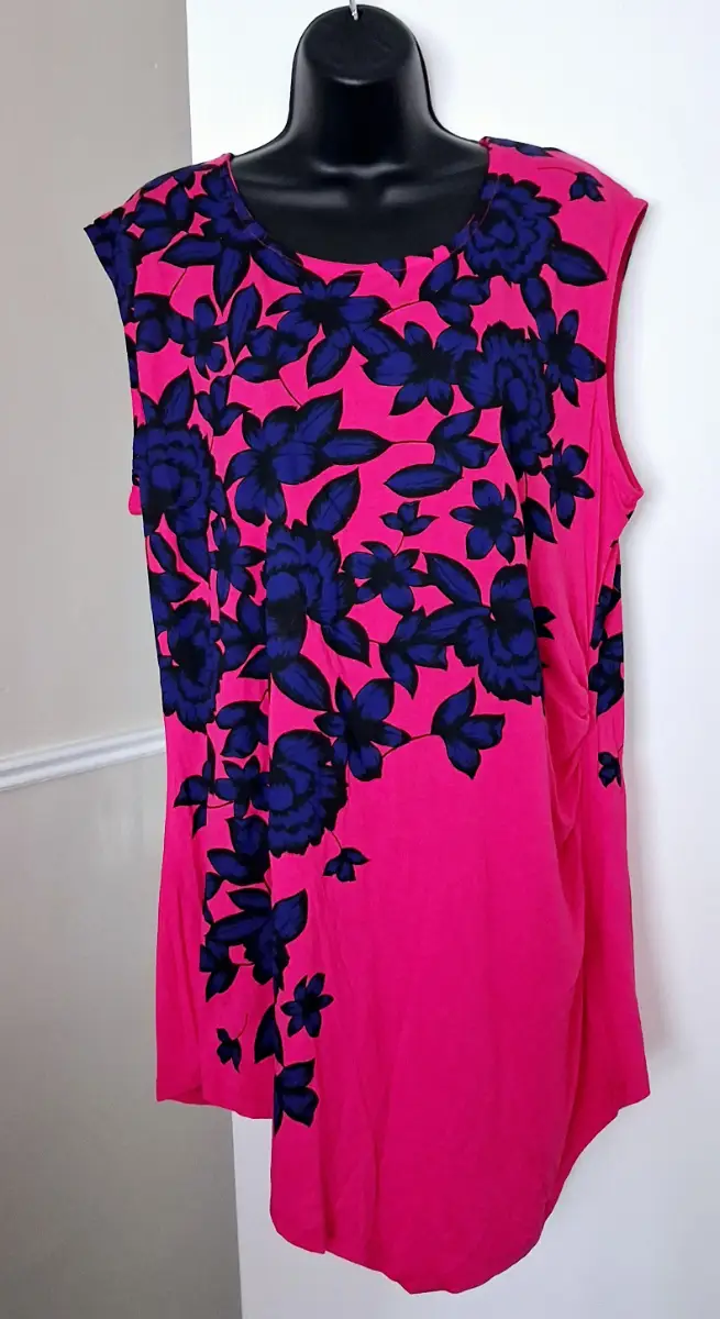 Plus Size Pink & Blue Floral Asymmetric Ruched Tunic Top Size 20