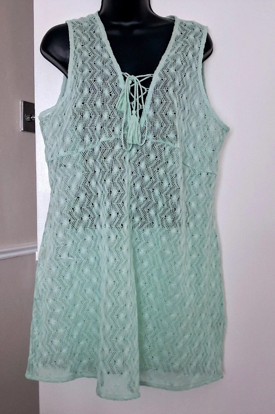 Brand New Tassel Neck Green Crochet Lace Beach Cover Up Size L
